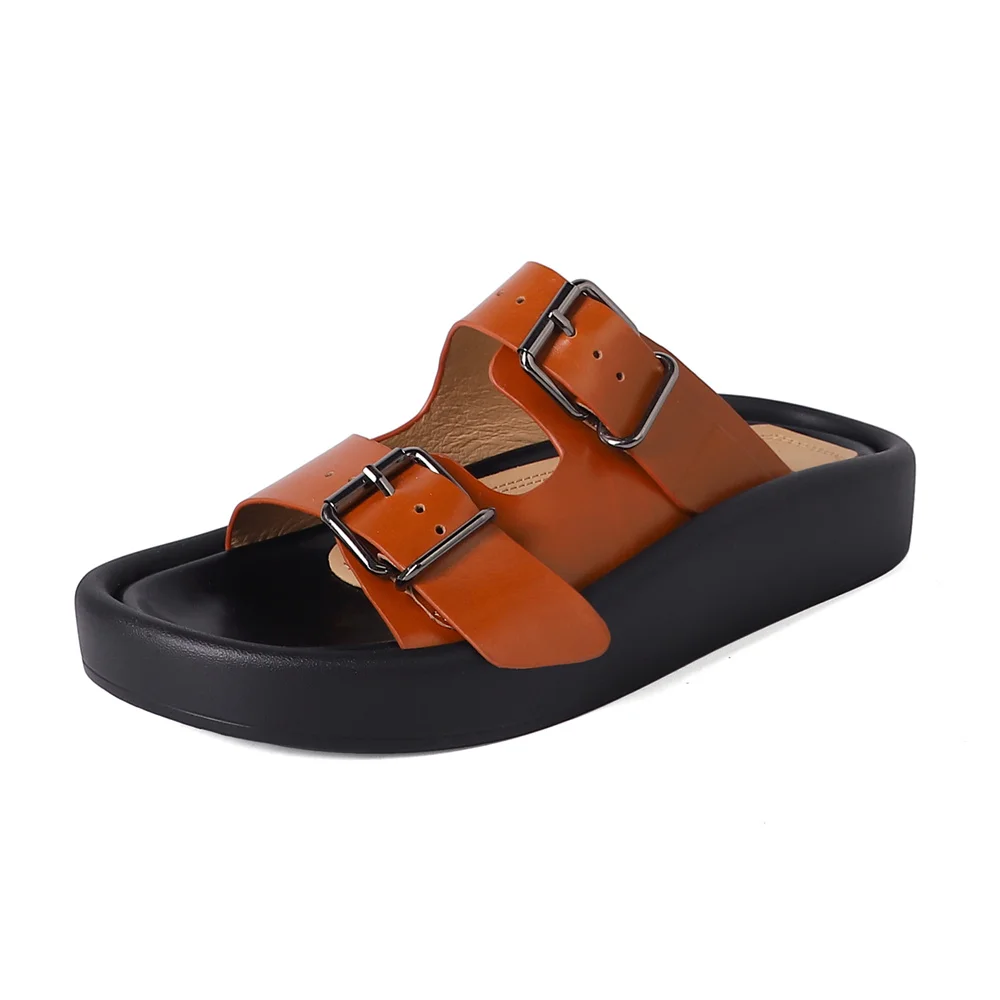 Genuine leather platform sandals with buckles