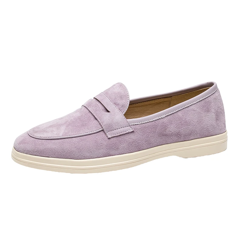 Natural suede loafers in purple and apricot