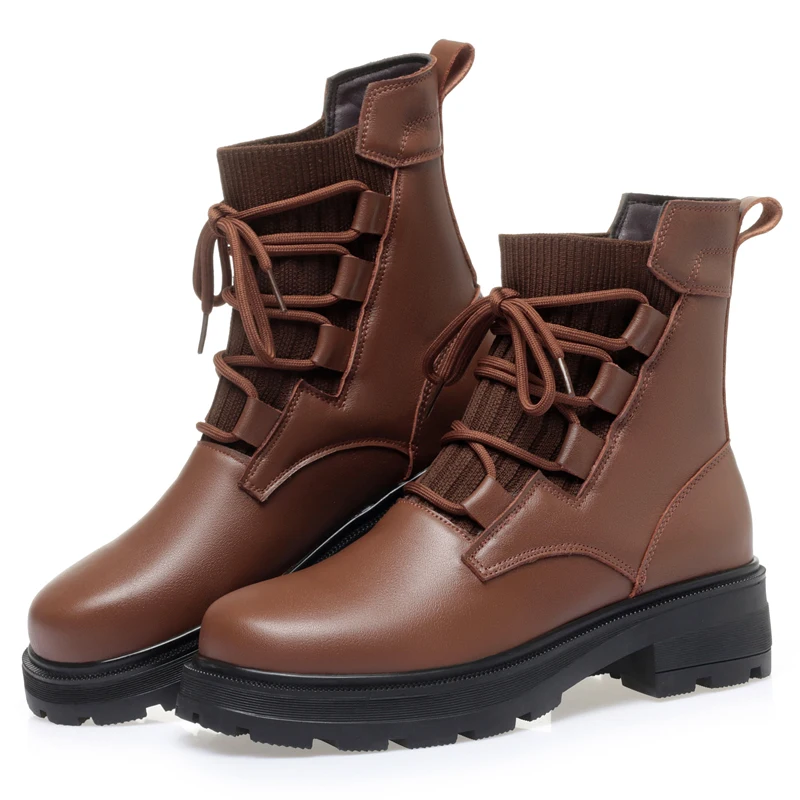 Genuine leather winter motorcycle ankle boots with wool lining