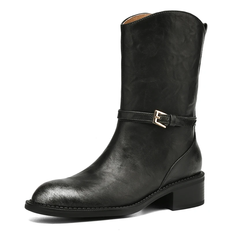 Genuine leather square heel ankle boots with buckle