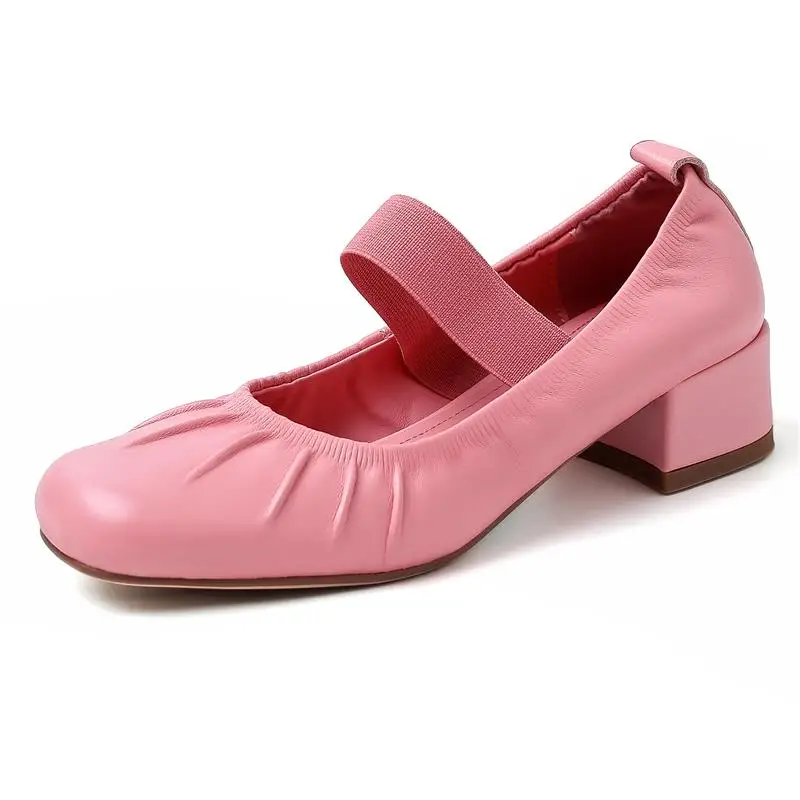 Genuine leather round toe mid heel pumps