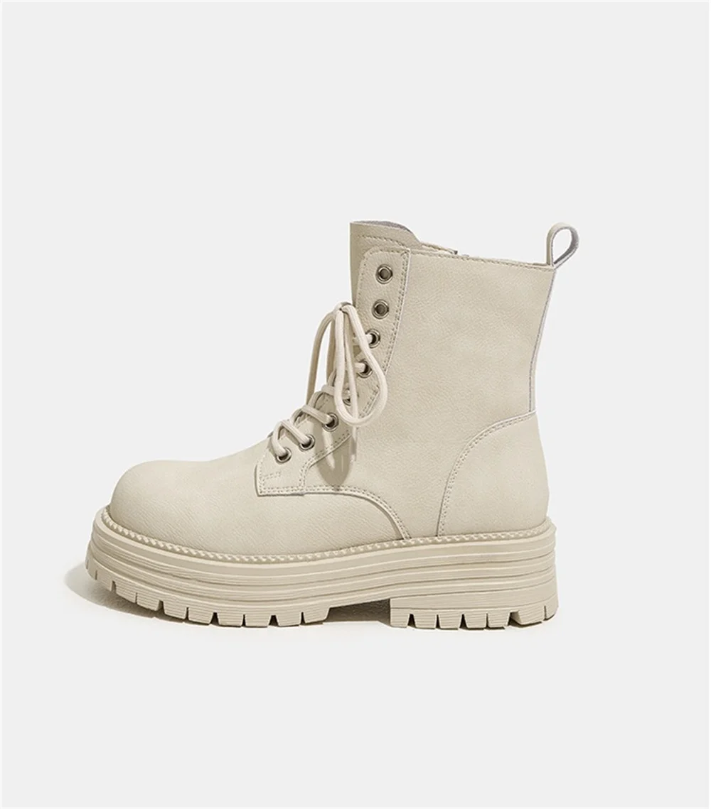 Leather ankle combat boots with thick heels and platform