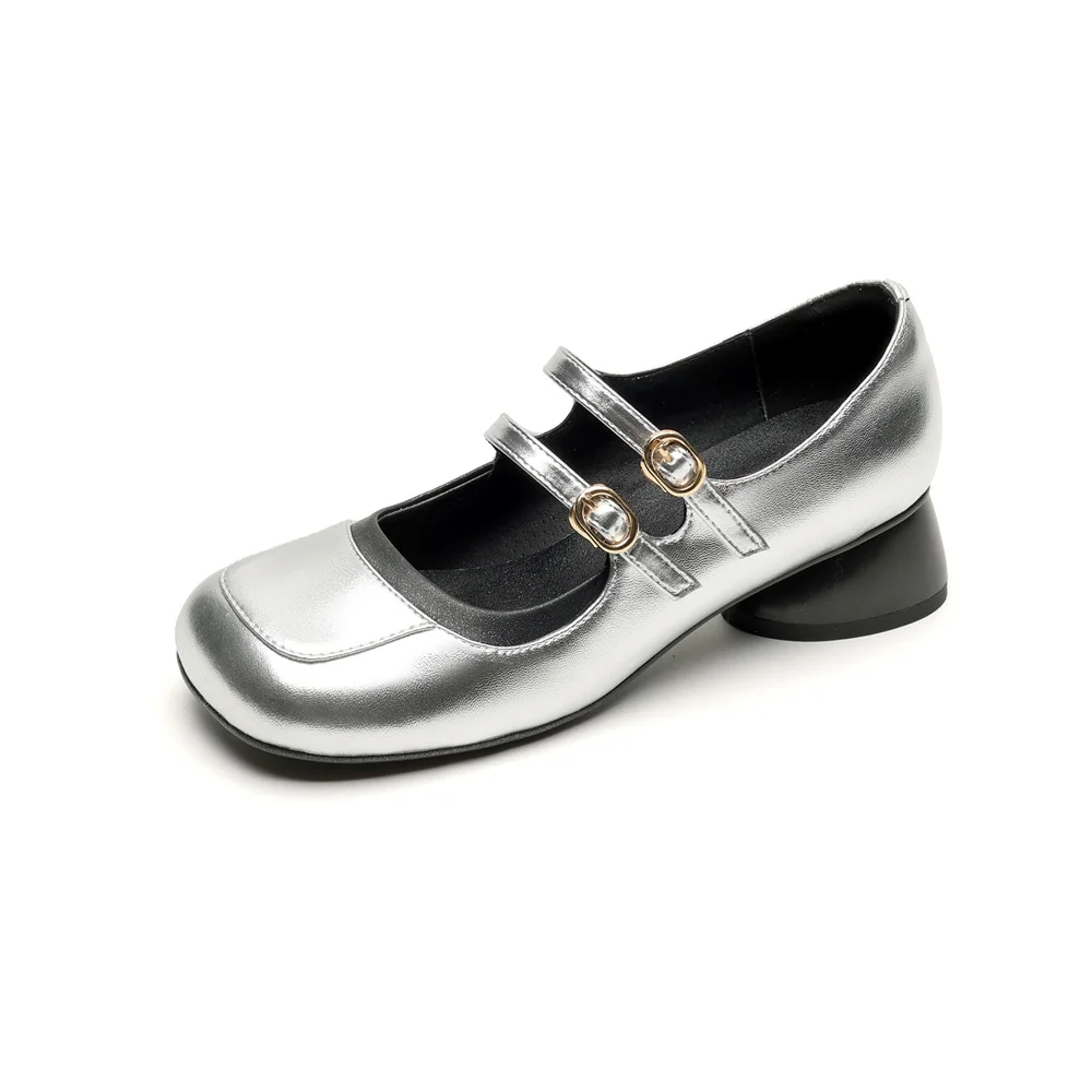 Genuine leather high heel mary jane shoes with buckle strap