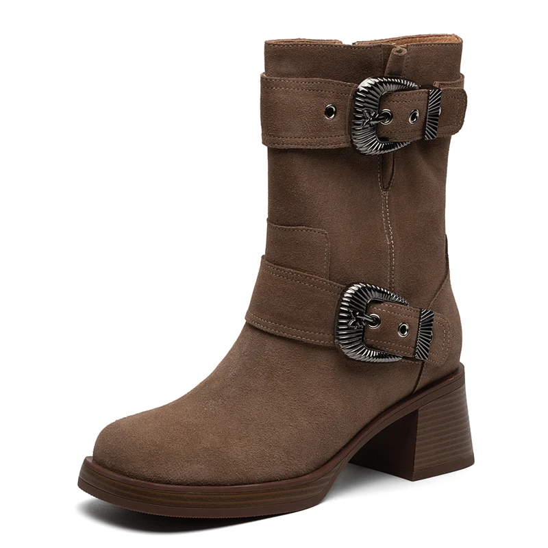 Genuine leather mid calf high heel boots with zipper and buckle
