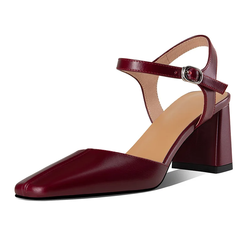 Genuine leather closed toe sandals with chunky heels