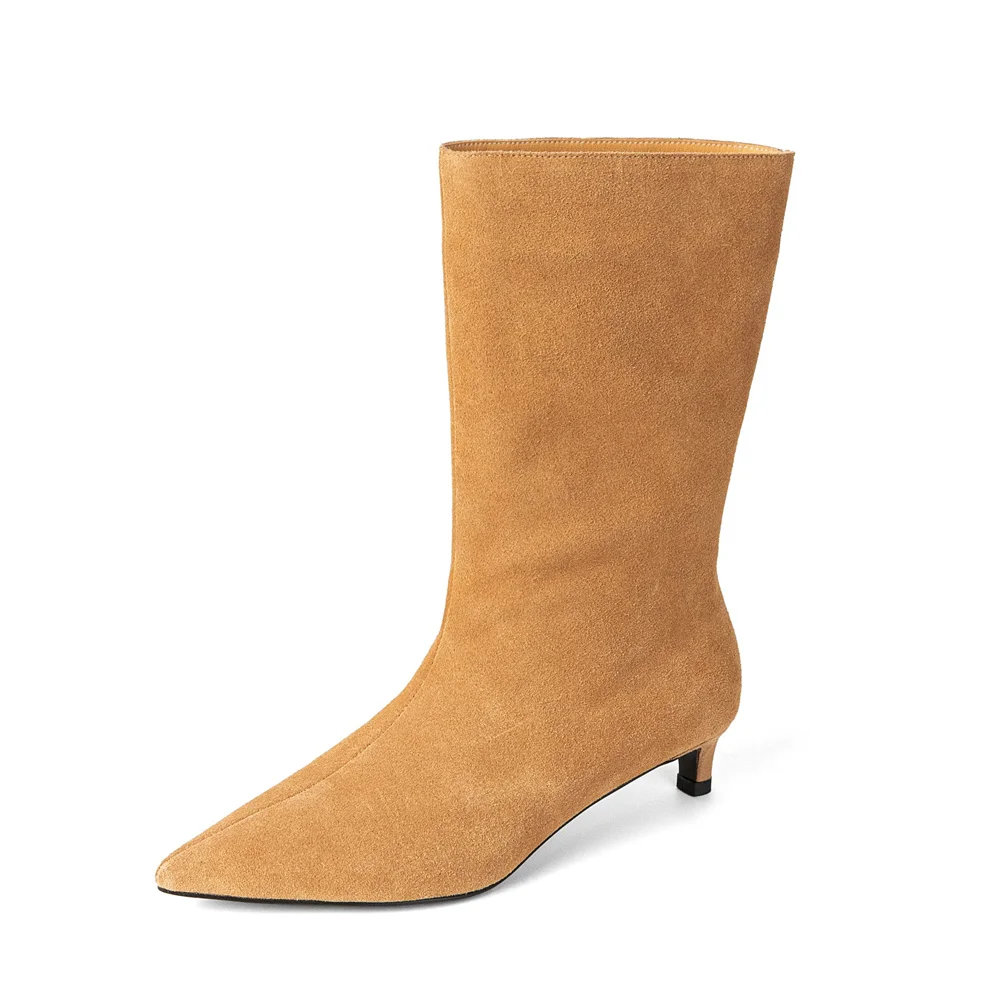 Pointed toe mid-calf boots with kitten heels
