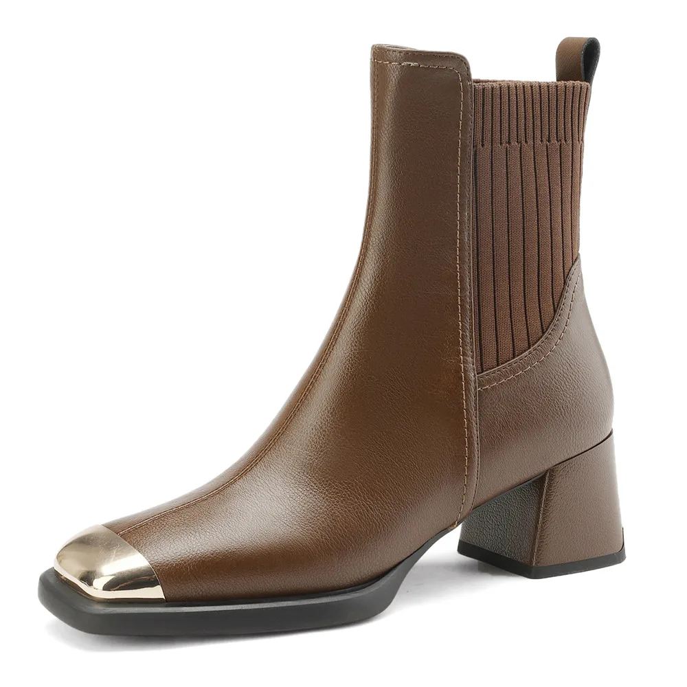 Genuine leather ankle boots with thick high heels and metal decoration