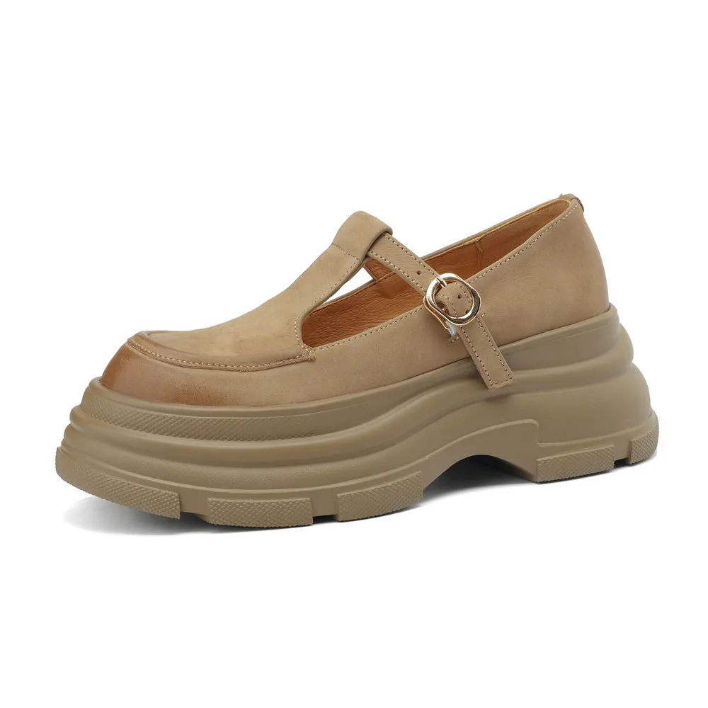 Genuine leather t-tied round toe casual pumps