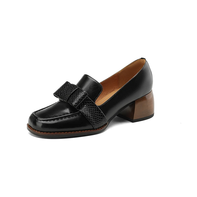 Square toe thick heel leather pumps for office wear