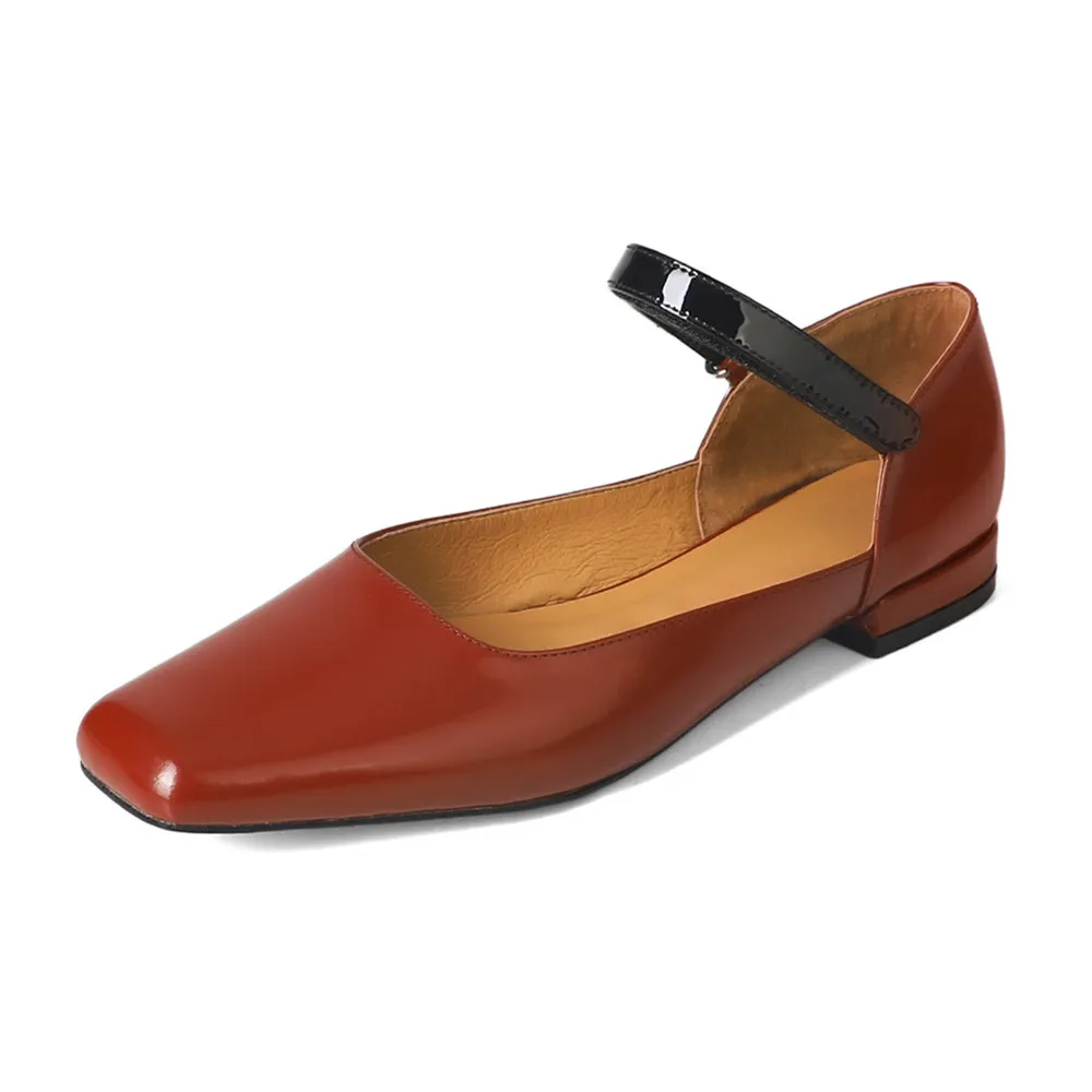 Genuine leather low heel square toe pumps