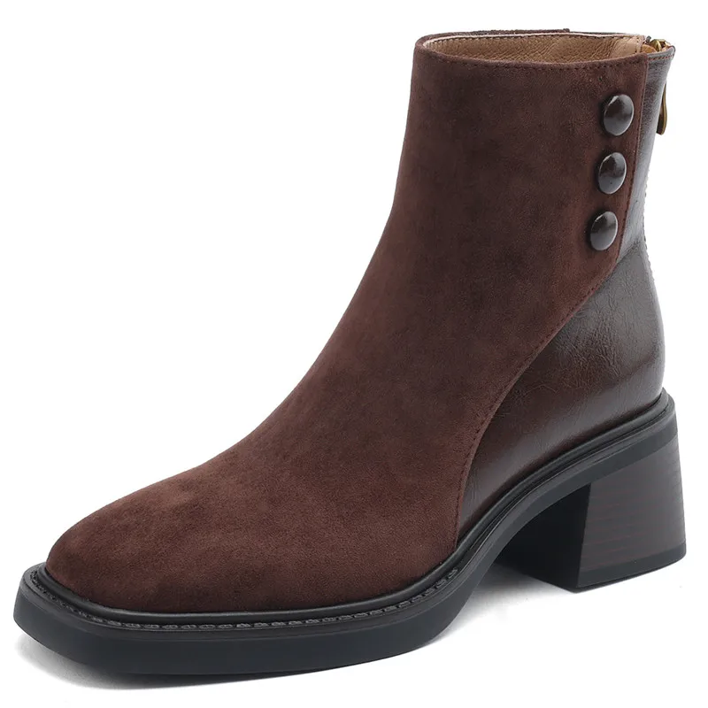 Suede leather platform ankle boots with zipper and square toe