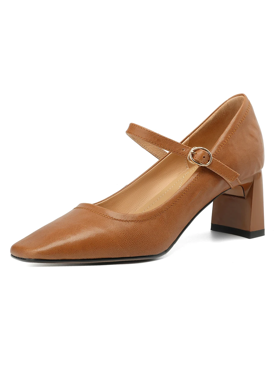 Sheepskin leather mary jane pumps with chunky high heels