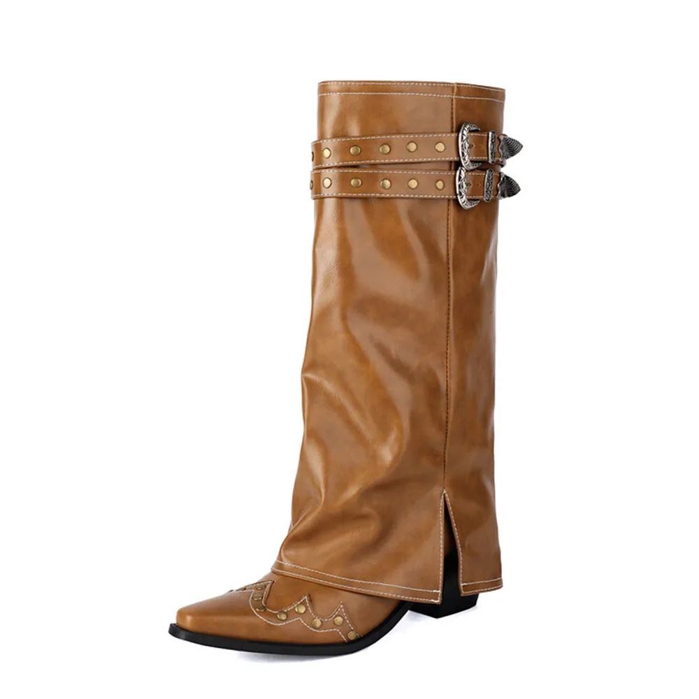 Retro pointed toe chunky high heel western boots with metal rivets