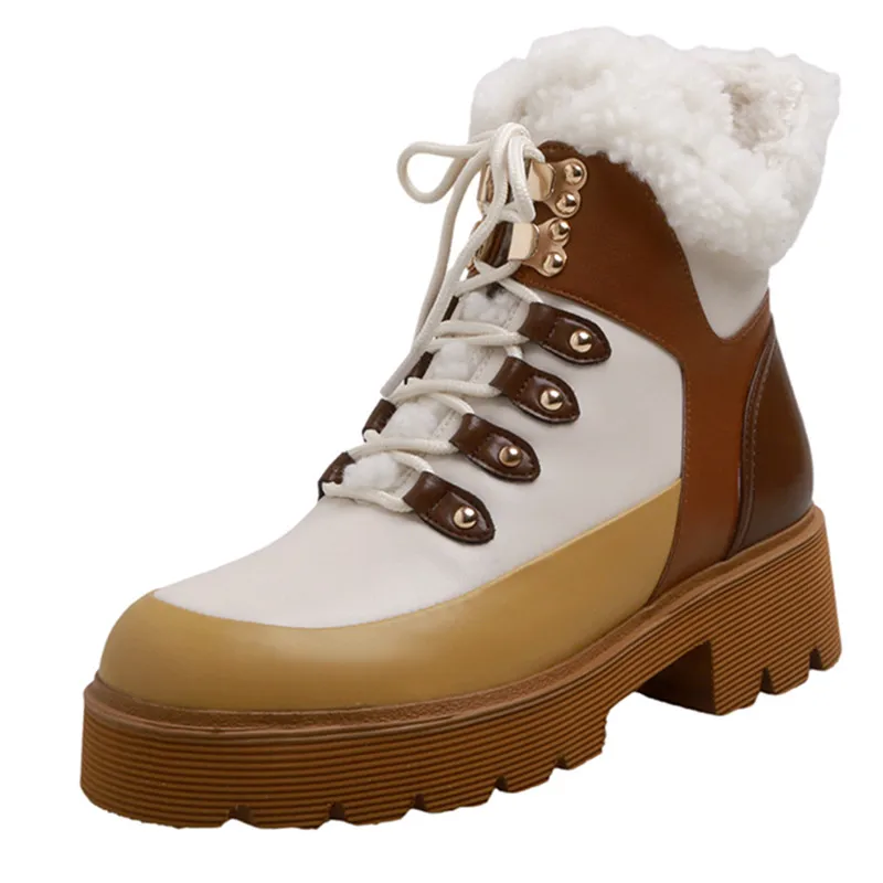 Genuine leather winter lace-up ankle boots