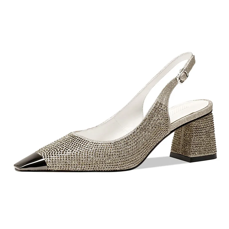 Rhinestone thick heels square toe sandals