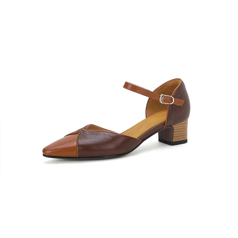 Genuine leather pointed toe square heel pumps