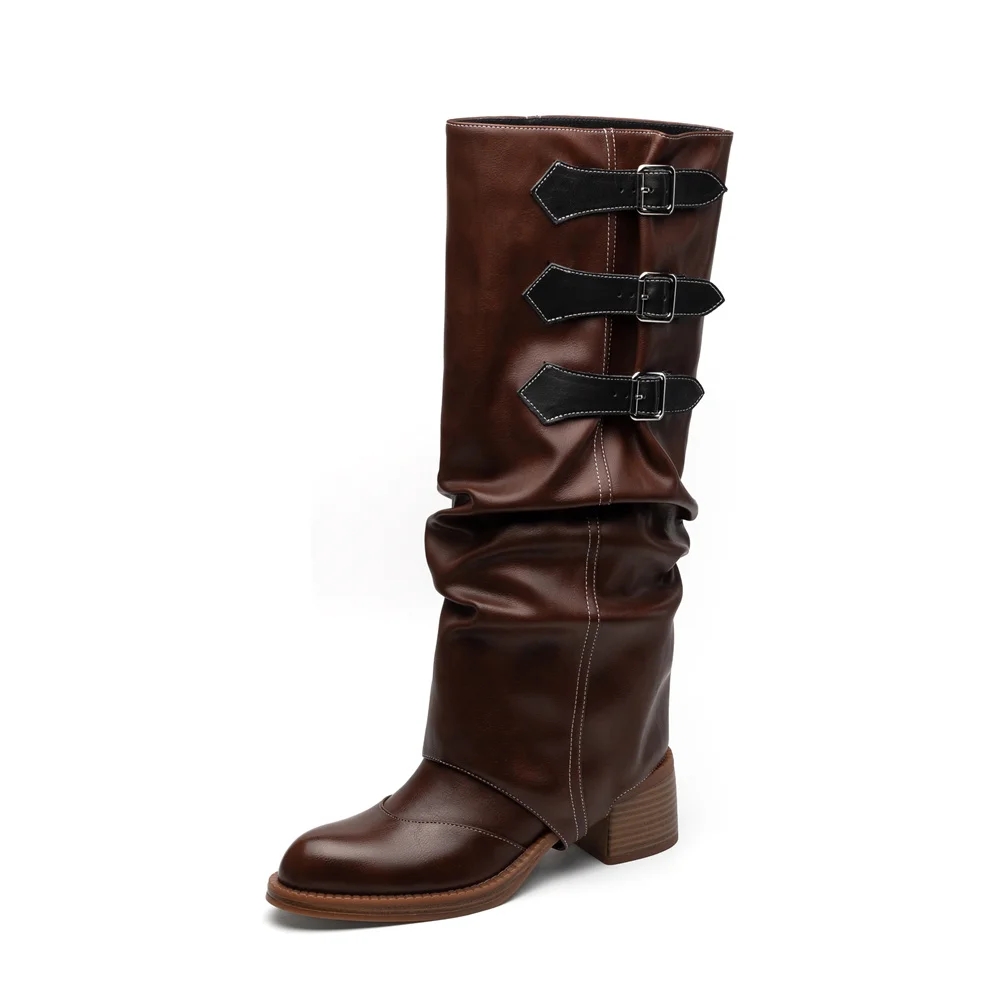Knee high genuine leather motorcycle boots with buckles