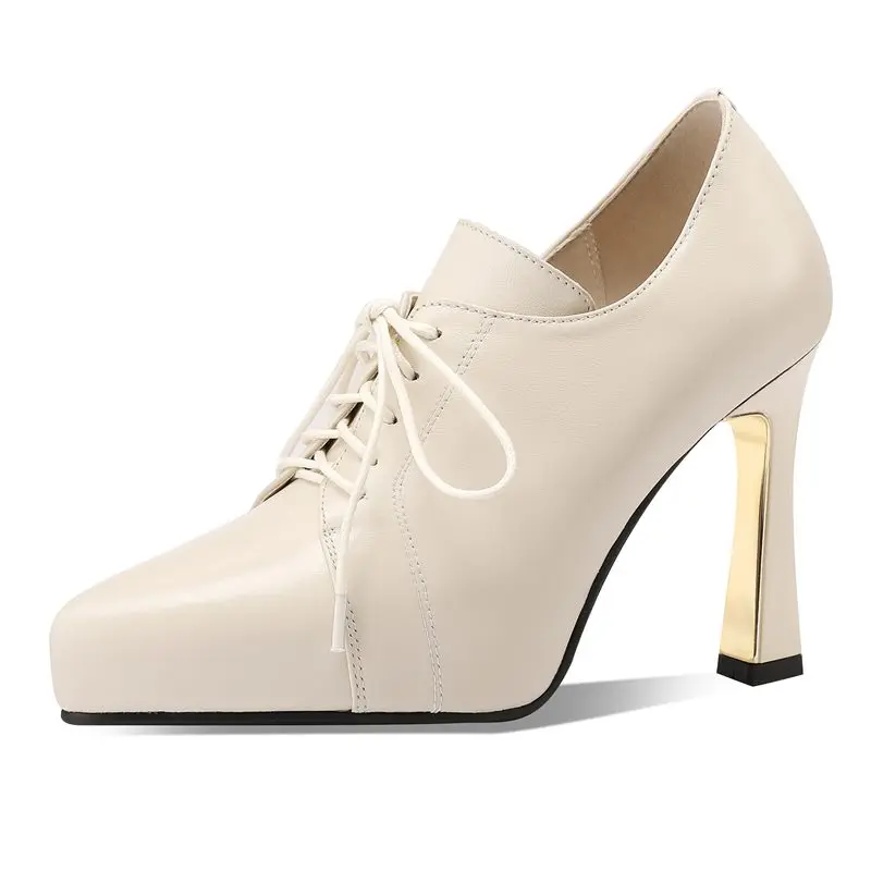 Leather high heels lace up platform shoes