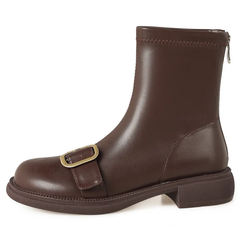 Genuine leather zipper ankle boots with square med heels