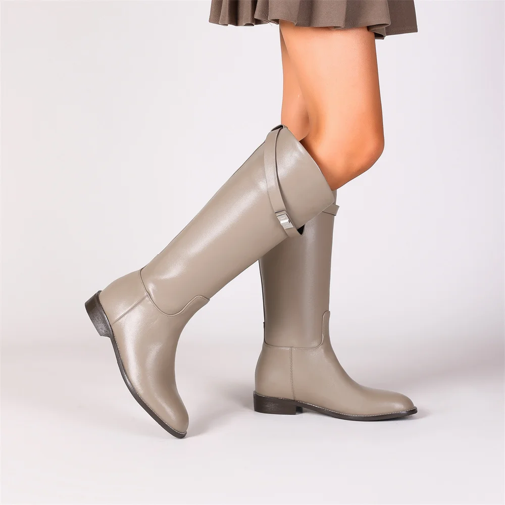 Knee high genuine leather motorcycle boots with thick heels