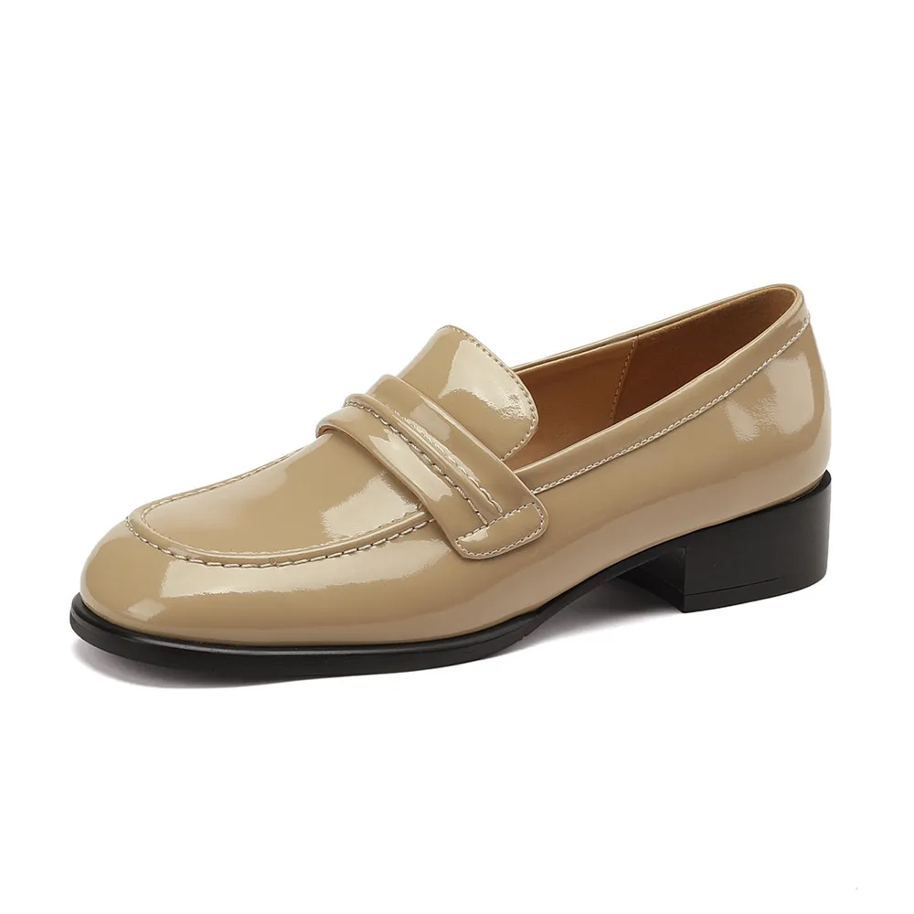 Genuine leather round toe thick heel casual pumps