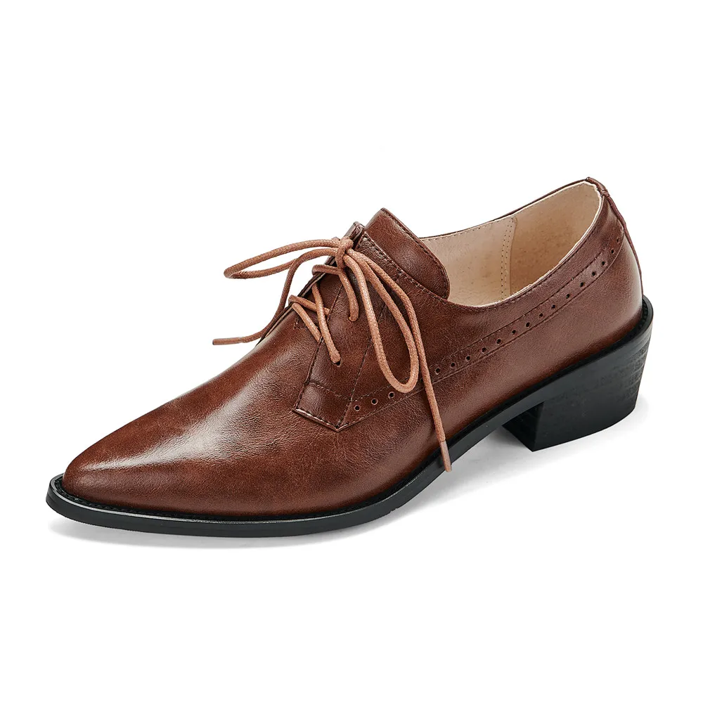 Leather pointed toe pumps with thick heels