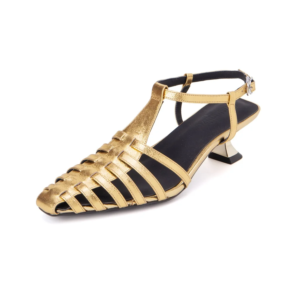 Genuine leather rome style kitten heel sandals