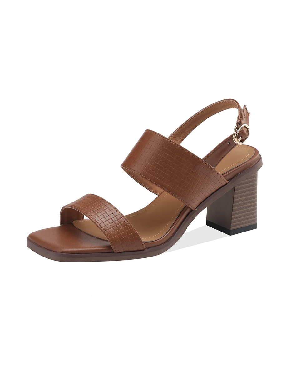 Chunky heel split leather sandals in brown beige