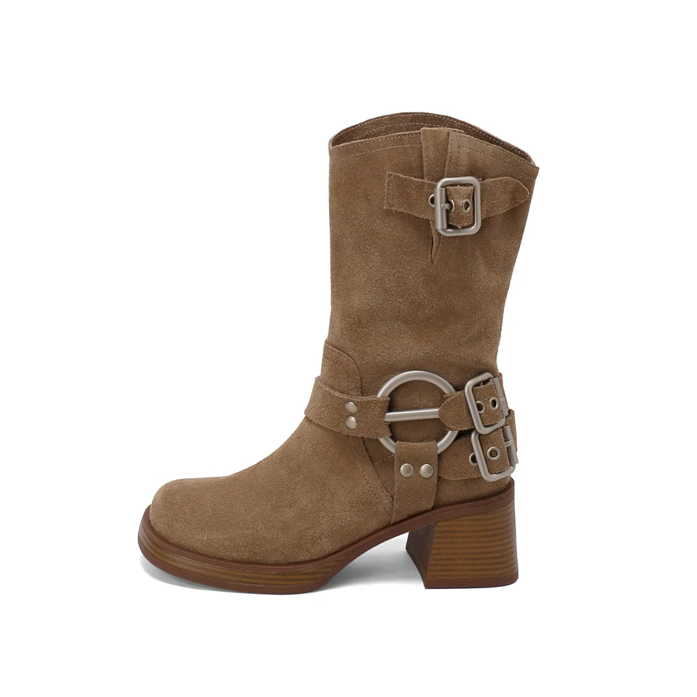 Suede mid-calf high heel boots
