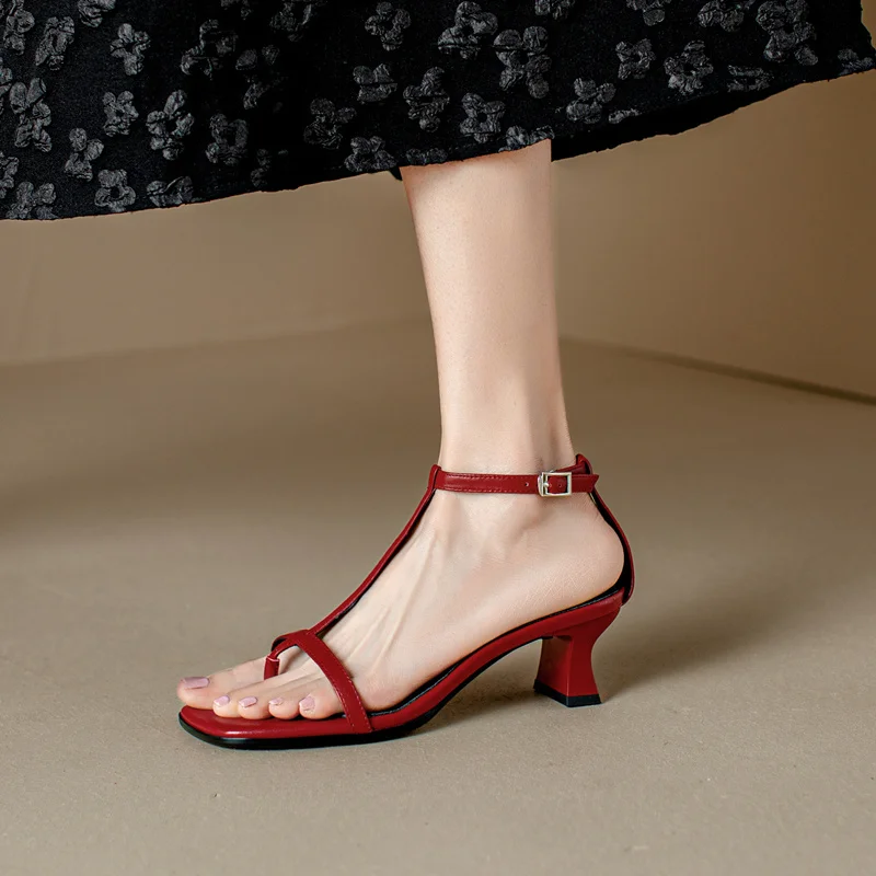T-strap thick heels leather sandals for summer