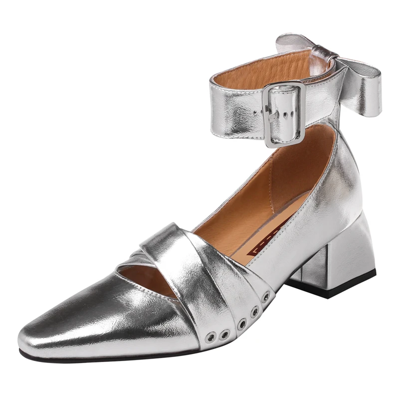 Genuine leather ankle strap mid heels party dress shoes