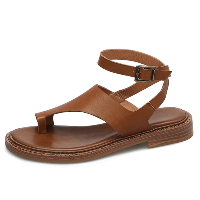 Retro leather clip toe sandals with ankle strap