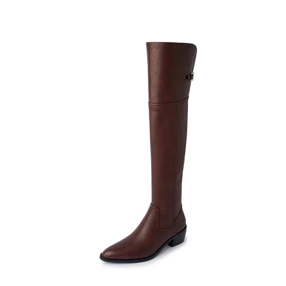 Knee high genuine leather winter boots with pointed toe