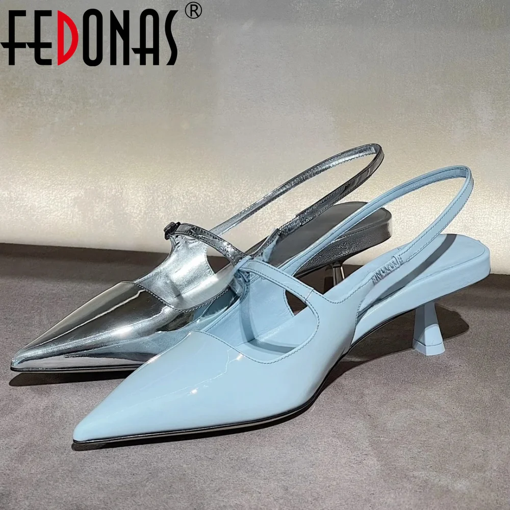 Genuine leather slingback kitten heels party shoes