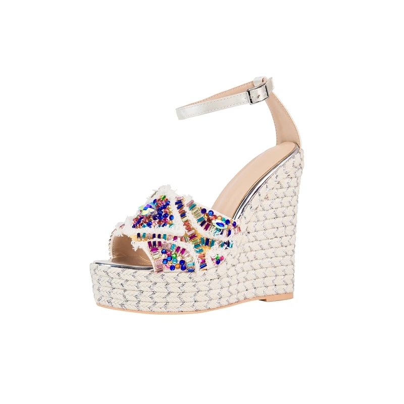 Round toe thick sole high heels with diamond inlay and open toe woven sandals