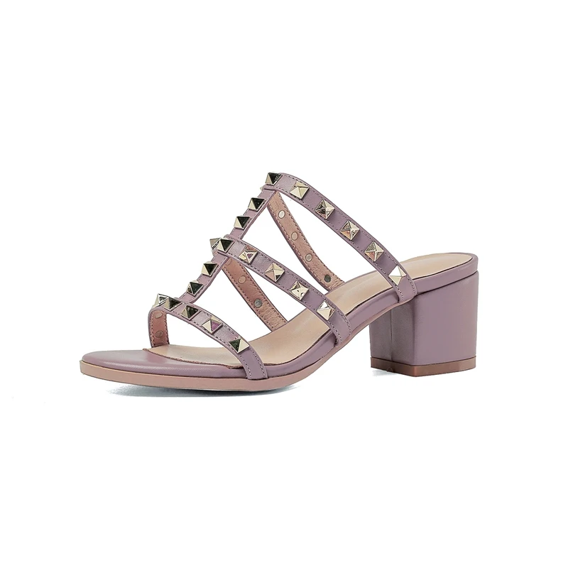 Metal rivet leather high heel open toe sandals