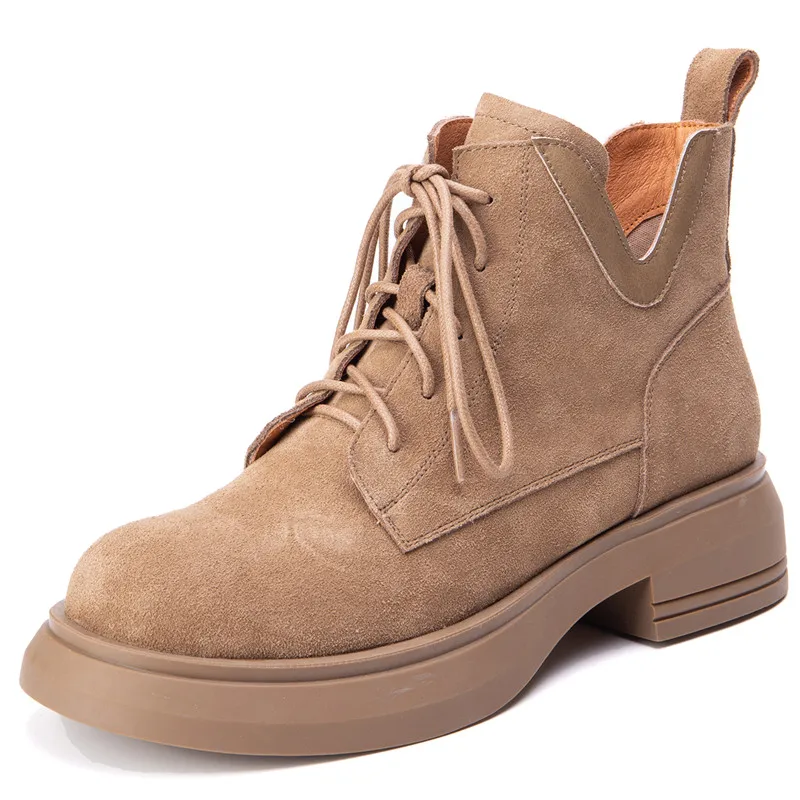 Vintage lace up cow suede leather ankle boots with platform and square heels