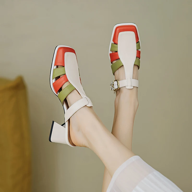 Natural leather t-strap mules sandals