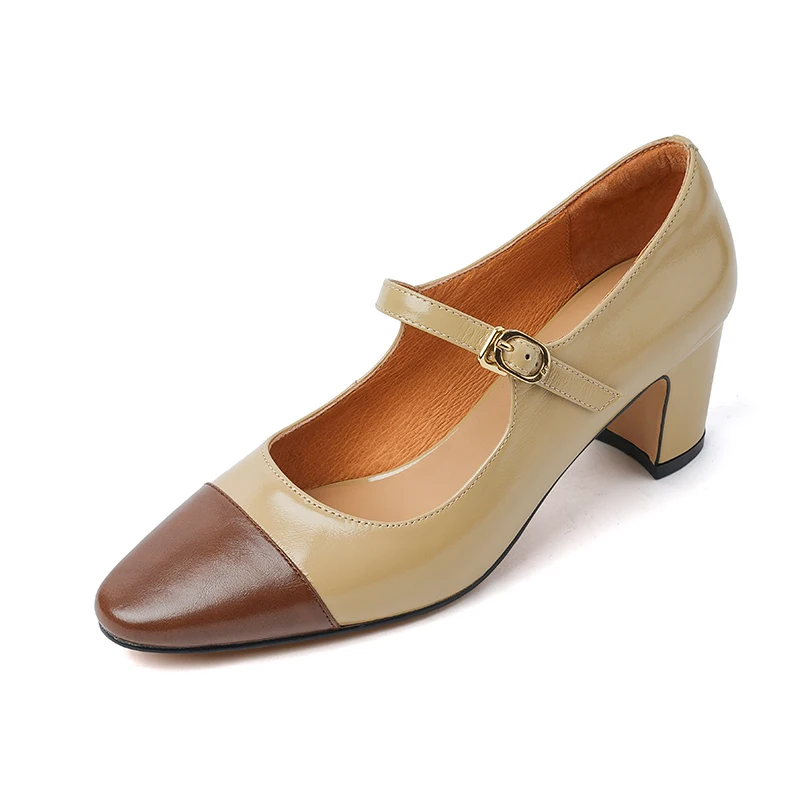 Genuine leather chunky heel mary jane pumps