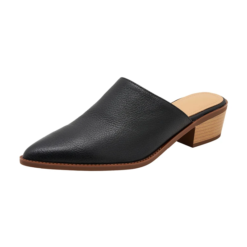 Retro leather pointed toe thick heel pumps